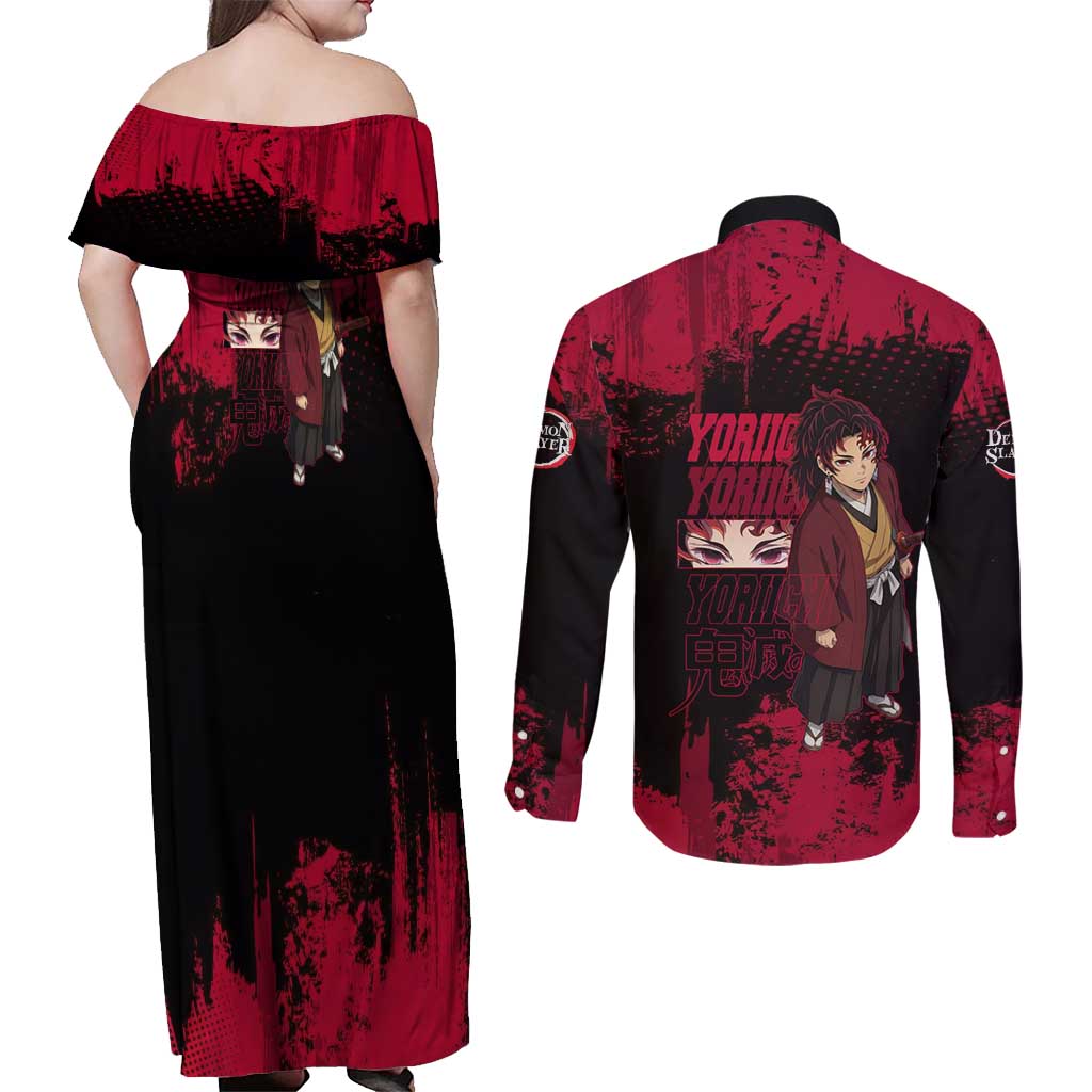 Yoriichi Tsugikuni Demon Slayer Red Grunge Design Couples Matching Off Shoulder Maxi Dress and Long Sleeve Button Shirt with Intense Eyes and Sword Stance - The Mazicc