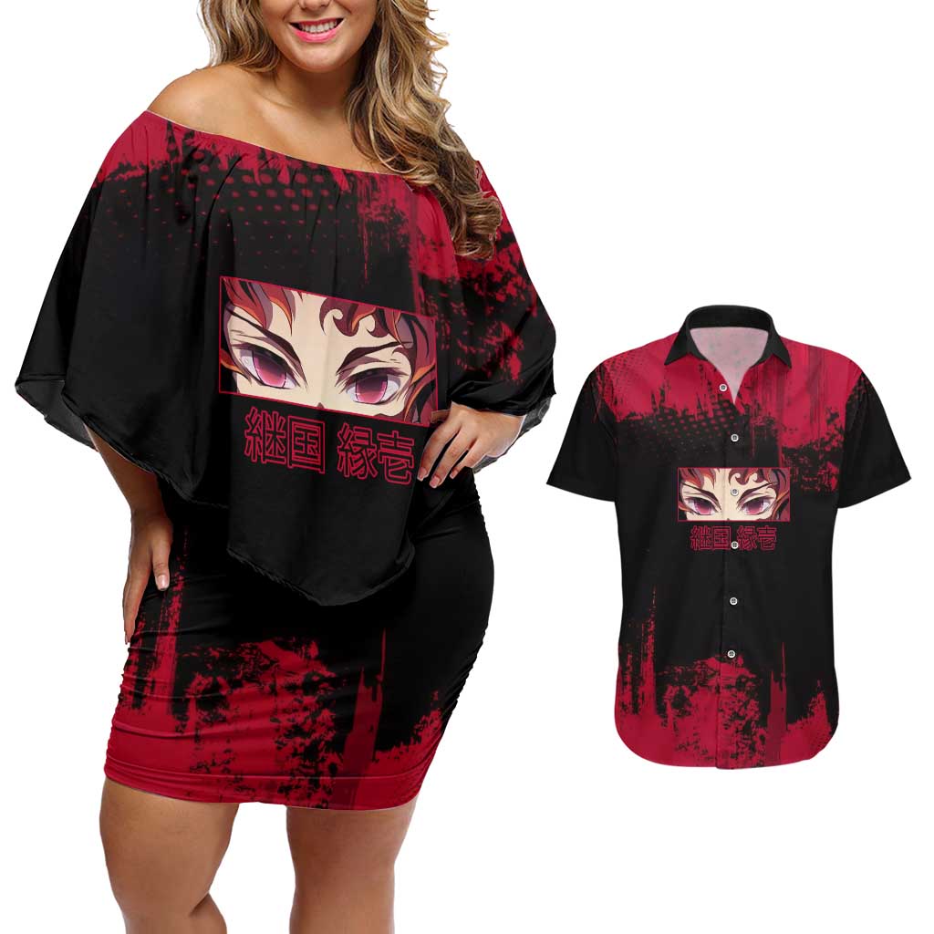 Yoriichi Tsugikuni Demon Slayer Red Grunge Design Couples Matching Off Shoulder Short Dress and Hawaiian Shirt with Intense Eyes and Sword Stance - The Mazicc
