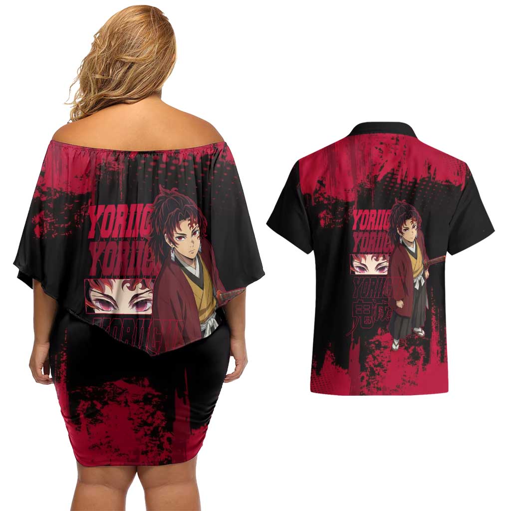 Yoriichi Tsugikuni Demon Slayer Red Grunge Design Couples Matching Off Shoulder Short Dress and Hawaiian Shirt with Intense Eyes and Sword Stance - The Mazicc