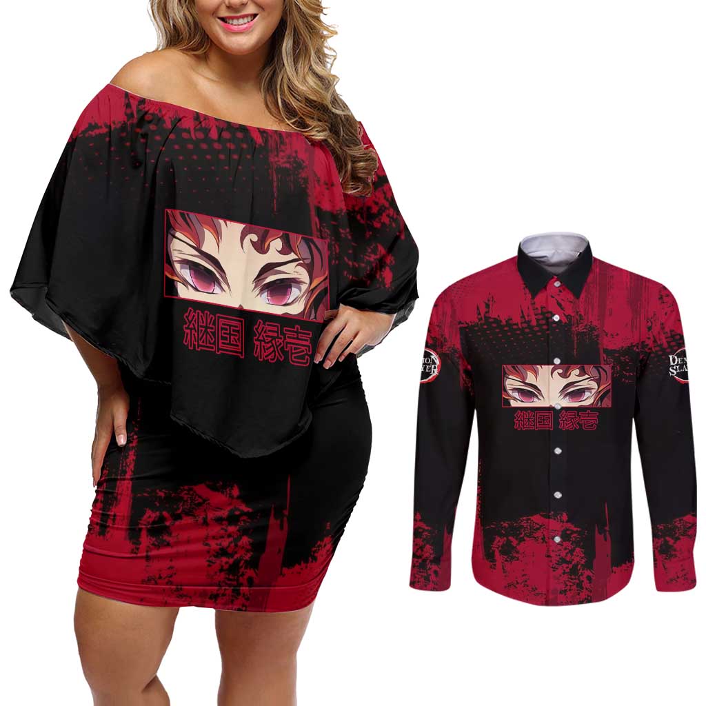 Yoriichi Tsugikuni Demon Slayer Red Grunge Design Couples Matching Off Shoulder Short Dress and Long Sleeve Button Shirt with Intense Eyes and Sword Stance - The Mazicc
