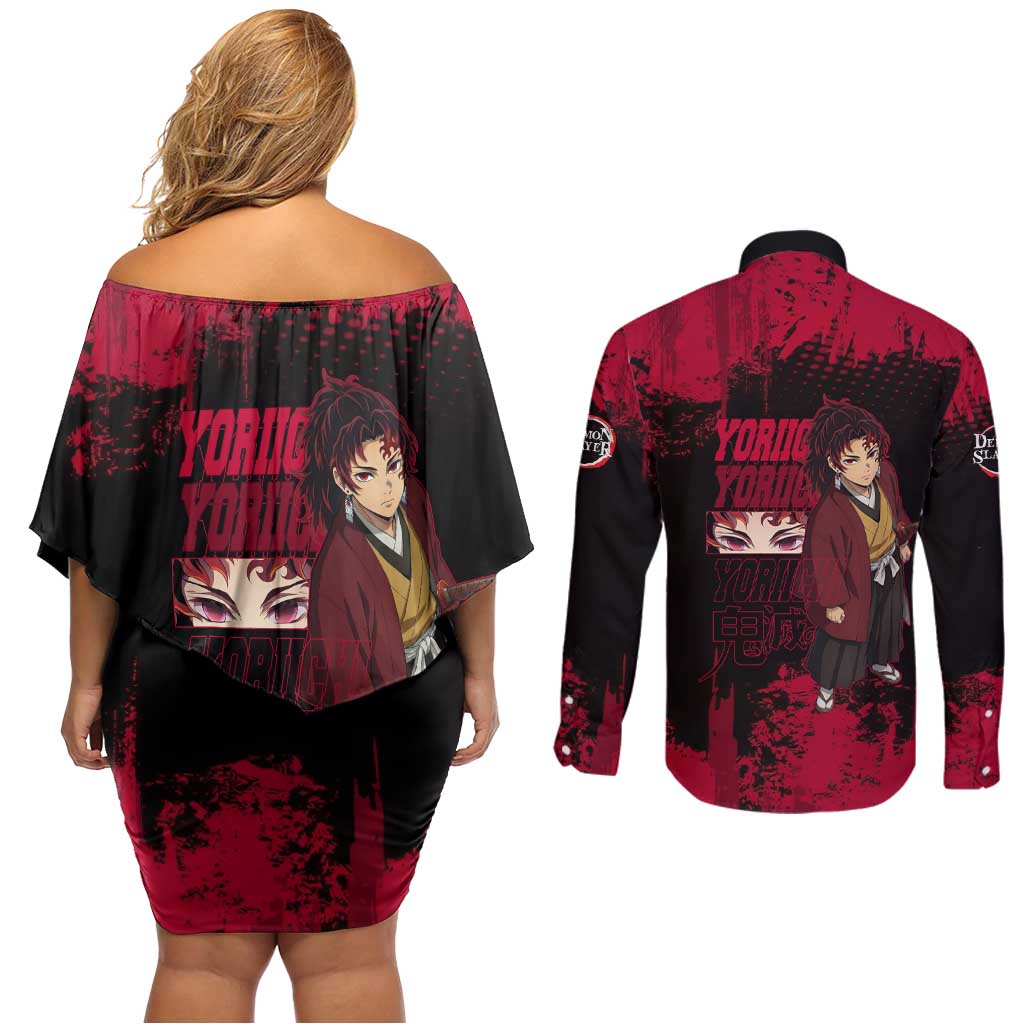 Yoriichi Tsugikuni Demon Slayer Red Grunge Design Couples Matching Off Shoulder Short Dress and Long Sleeve Button Shirt with Intense Eyes and Sword Stance - The Mazicc