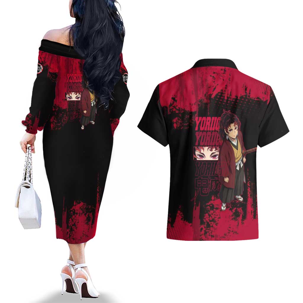 Yoriichi Tsugikuni Demon Slayer Red Grunge Design Couples Matching Off The Shoulder Long Sleeve Dress and Hawaiian Shirt with Intense Eyes and Sword Stance - The Mazicc