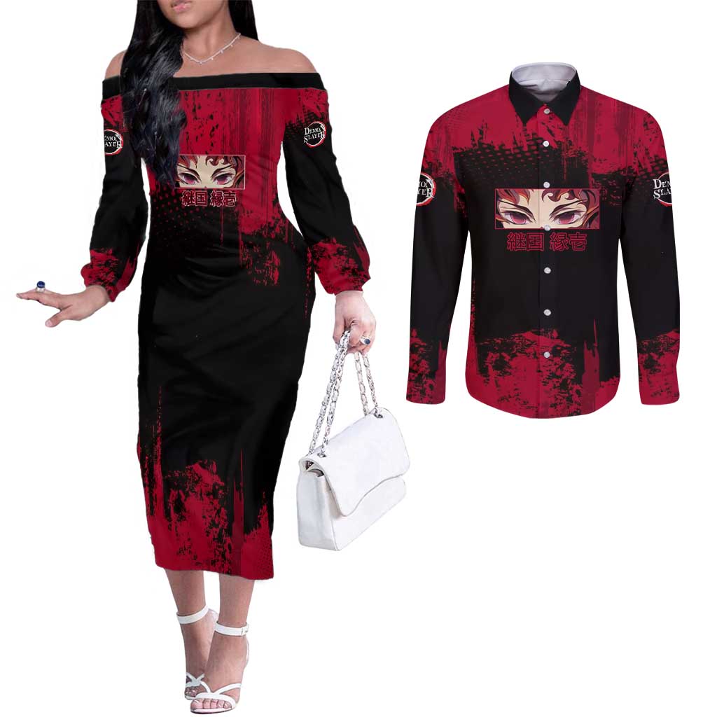 Yoriichi Tsugikuni Demon Slayer Red Grunge Design Couples Matching Off The Shoulder Long Sleeve Dress and Long Sleeve Button Shirt with Intense Eyes and Sword Stance - The Mazicc