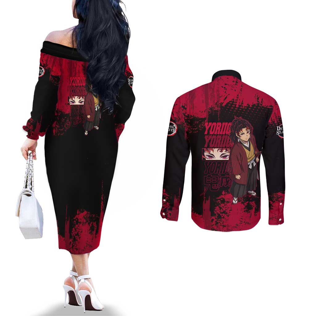 Yoriichi Tsugikuni Demon Slayer Red Grunge Design Couples Matching Off The Shoulder Long Sleeve Dress and Long Sleeve Button Shirt with Intense Eyes and Sword Stance - The Mazicc