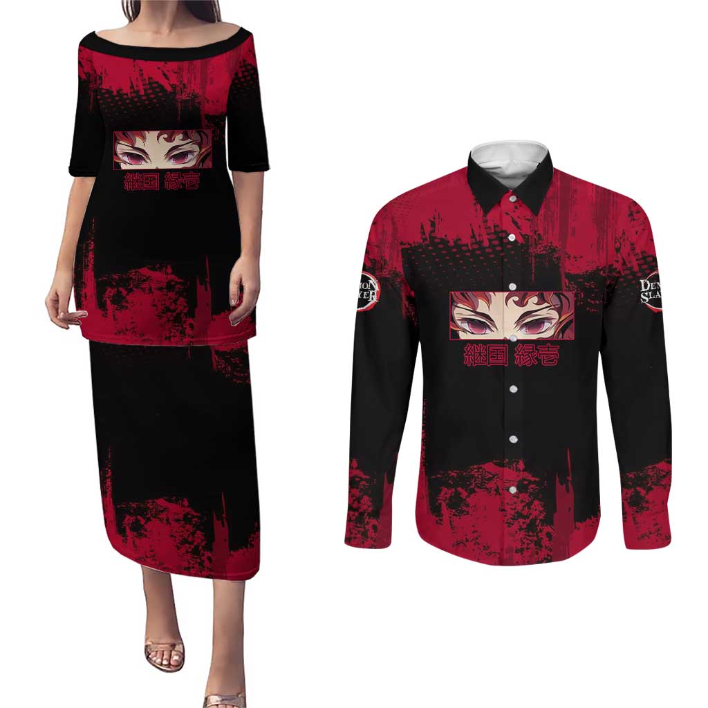 Yoriichi Tsugikuni Demon Slayer Red Grunge Design Couples Matching Puletasi and Long Sleeve Button Shirt with Intense Eyes and Sword Stance - The Mazicc
