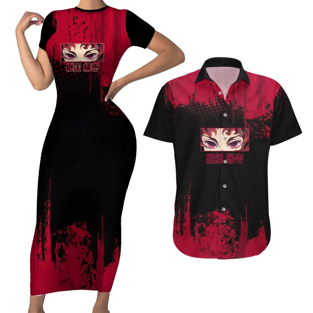 Yoriichi Tsugikuni Demon Slayer Red Grunge Design Couples Matching Short Sleeve Bodycon Dress and Hawaiian Shirt with Intense Eyes and Sword Stance - The Mazicc