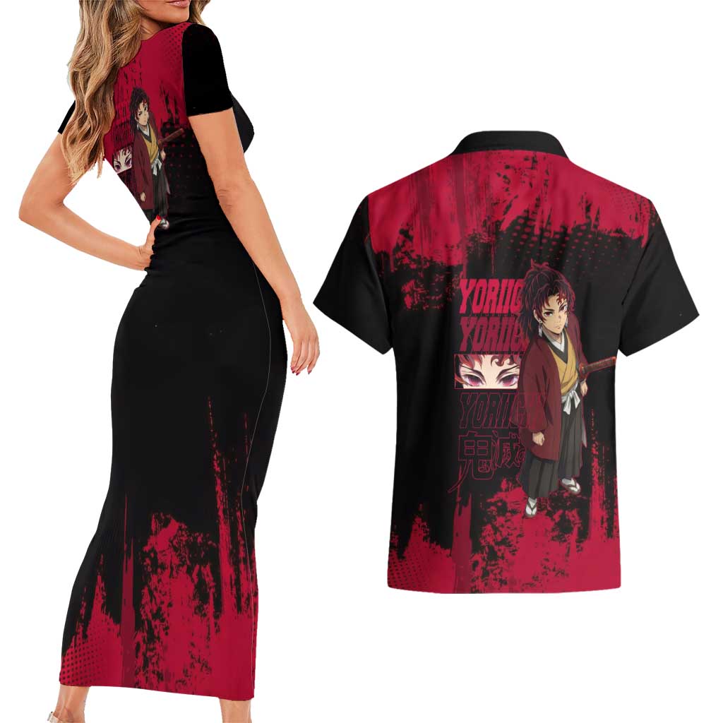 Yoriichi Tsugikuni Demon Slayer Red Grunge Design Couples Matching Short Sleeve Bodycon Dress and Hawaiian Shirt with Intense Eyes and Sword Stance - The Mazicc