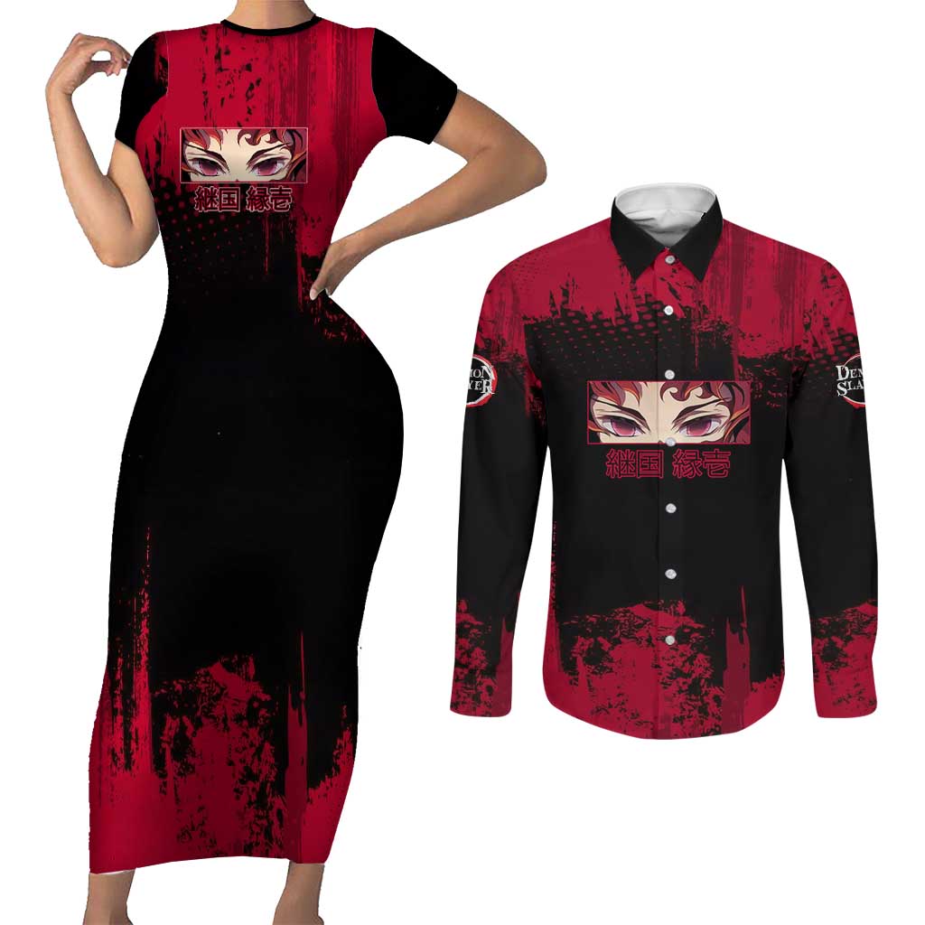 Yoriichi Tsugikuni Demon Slayer Red Grunge Design Couples Matching Short Sleeve Bodycon Dress and Long Sleeve Button Shirt with Intense Eyes and Sword Stance - The Mazicc