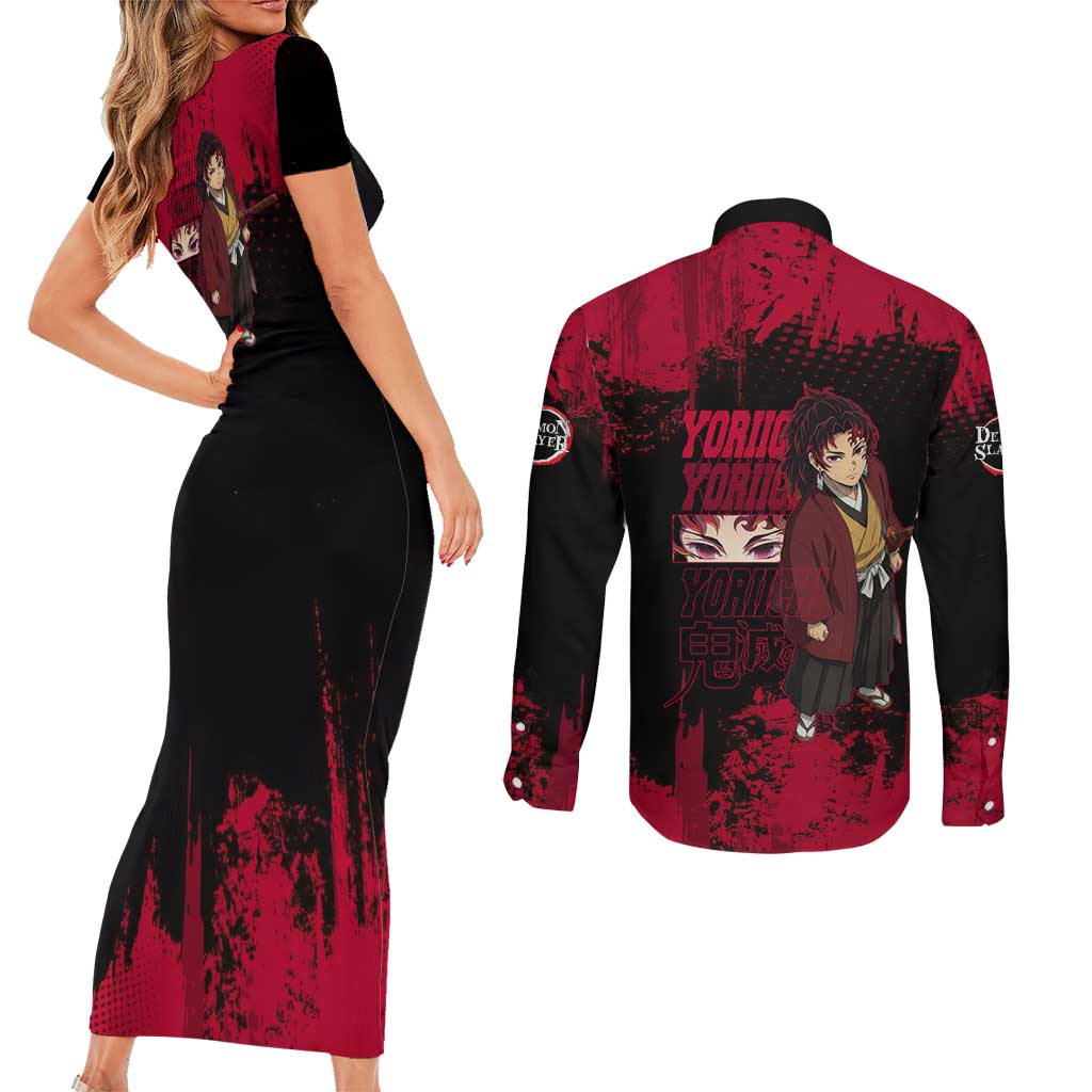 Yoriichi Tsugikuni Demon Slayer Red Grunge Design Couples Matching Short Sleeve Bodycon Dress and Long Sleeve Button Shirt with Intense Eyes and Sword Stance - The Mazicc