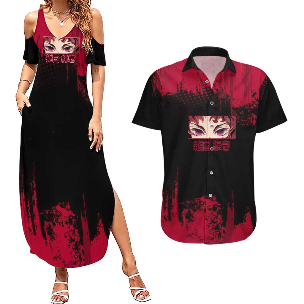 Yoriichi Tsugikuni Demon Slayer Red Grunge Design Couples Matching Summer Maxi Dress and Hawaiian Shirt with Intense Eyes and Sword Stance - The Mazicc