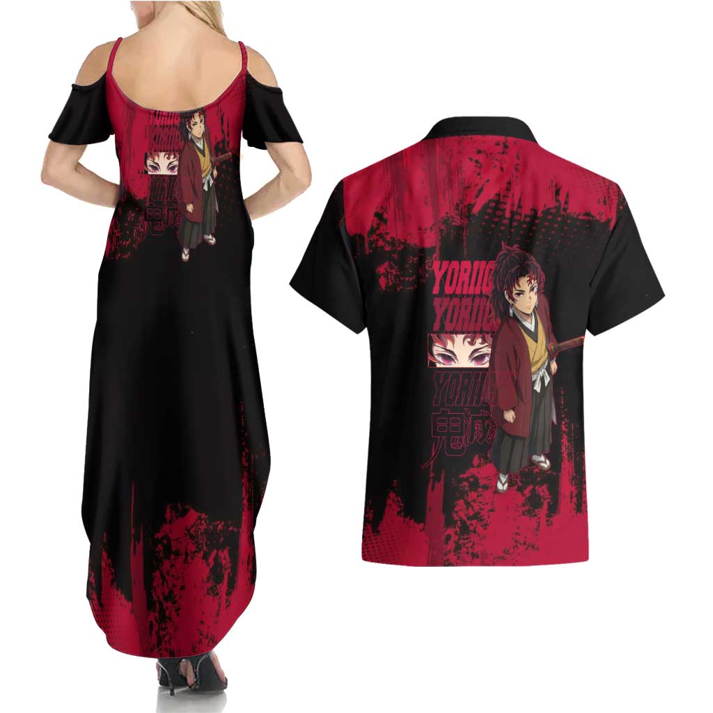 Yoriichi Tsugikuni Demon Slayer Red Grunge Design Couples Matching Summer Maxi Dress and Hawaiian Shirt with Intense Eyes and Sword Stance - The Mazicc