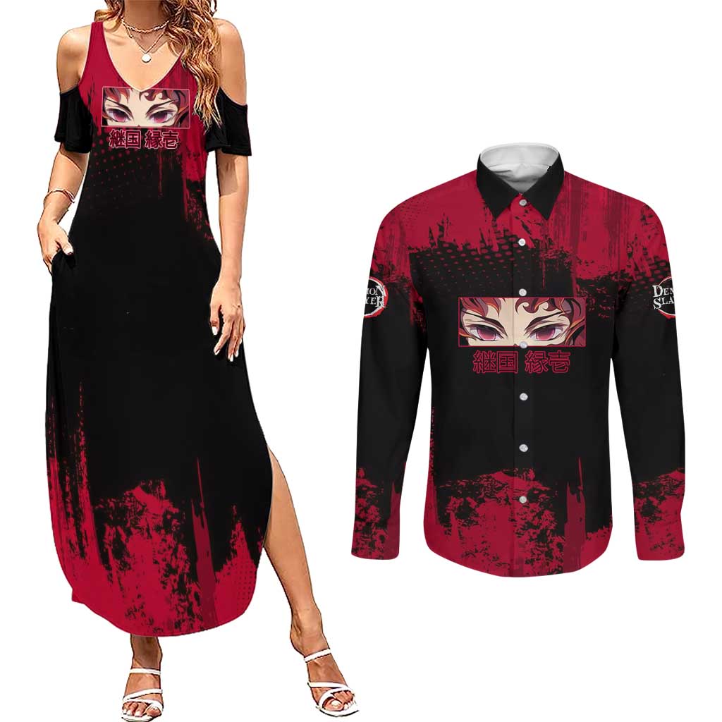Yoriichi Tsugikuni Demon Slayer Red Grunge Design Couples Matching Summer Maxi Dress and Long Sleeve Button Shirt with Intense Eyes and Sword Stance - The Mazicc