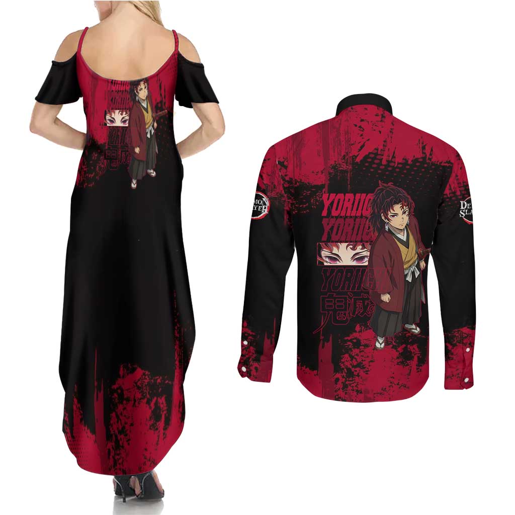 Yoriichi Tsugikuni Demon Slayer Red Grunge Design Couples Matching Summer Maxi Dress and Long Sleeve Button Shirt with Intense Eyes and Sword Stance - The Mazicc