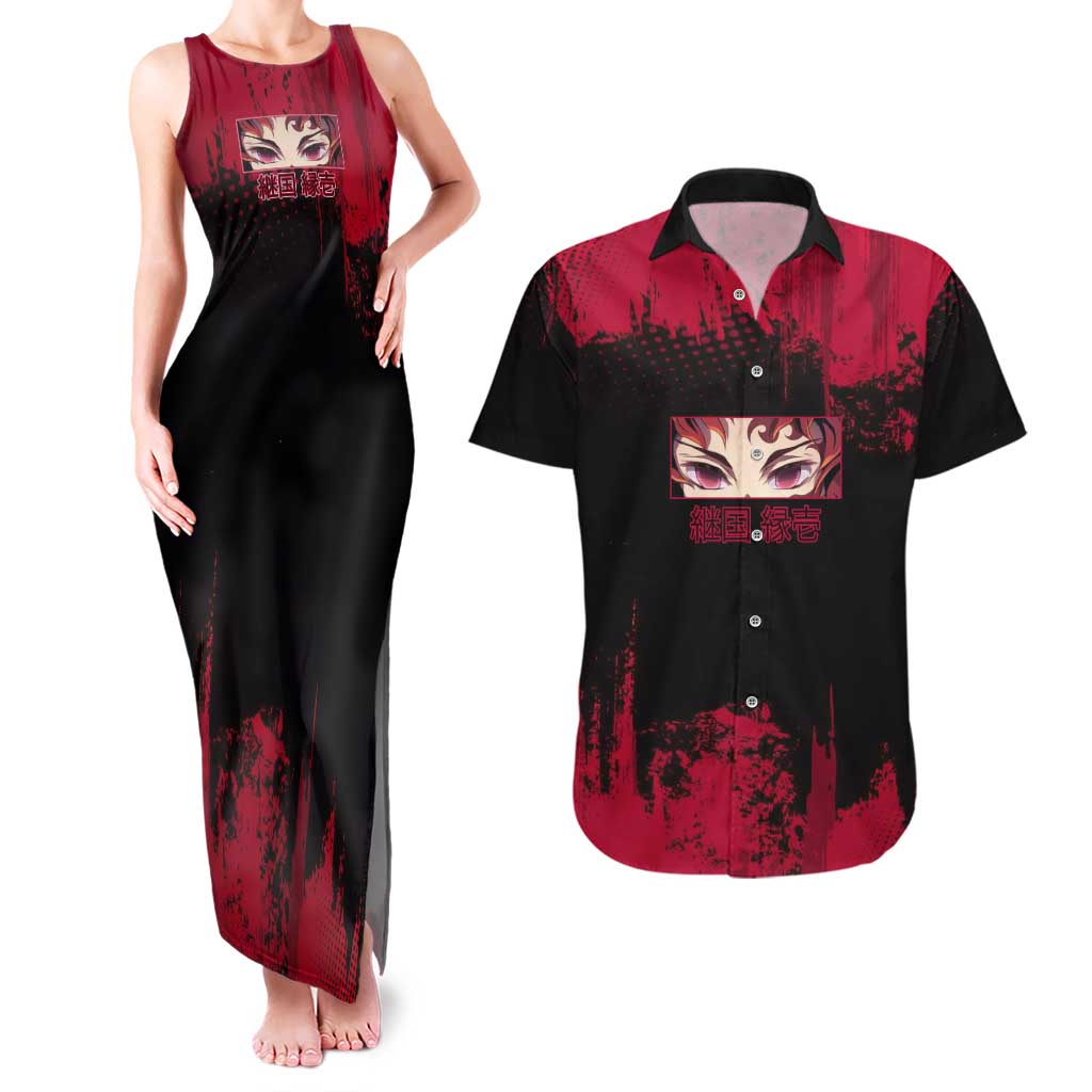 Yoriichi Tsugikuni Demon Slayer Red Grunge Design Couples Matching Tank Maxi Dress and Hawaiian Shirt with Intense Eyes and Sword Stance - The Mazicc
