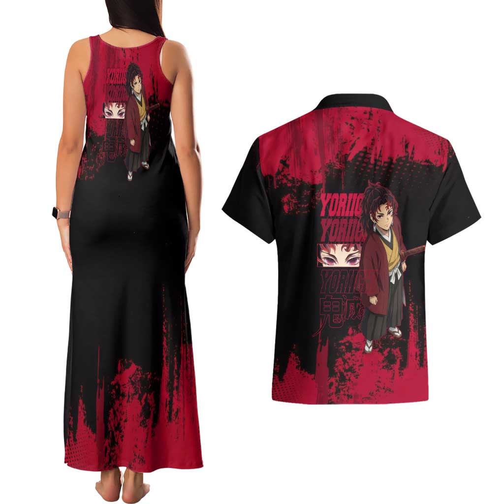 Yoriichi Tsugikuni Demon Slayer Red Grunge Design Couples Matching Tank Maxi Dress and Hawaiian Shirt with Intense Eyes and Sword Stance - The Mazicc