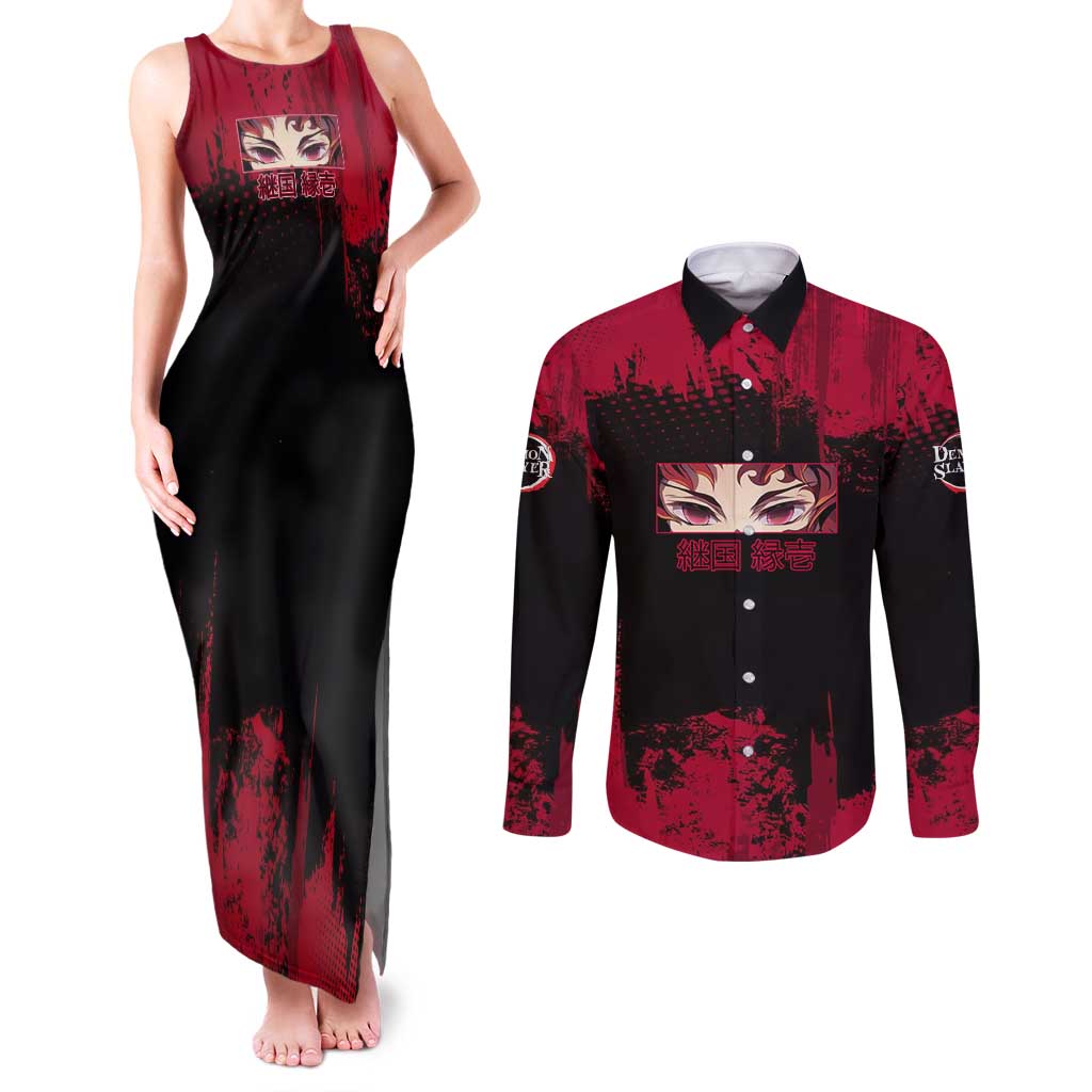Yoriichi Tsugikuni Demon Slayer Red Grunge Design Couples Matching Tank Maxi Dress and Long Sleeve Button Shirt with Intense Eyes and Sword Stance - The Mazicc