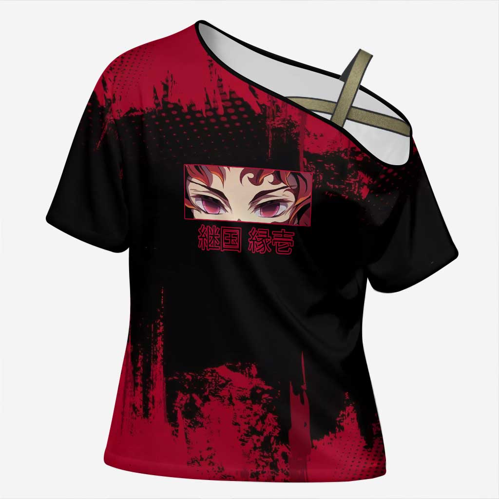 Yoriichi Tsugikuni Demon Slayer Red Grunge Design Cross Shoulder Shirt with Intense Eyes and Sword Stance - The Mazicc