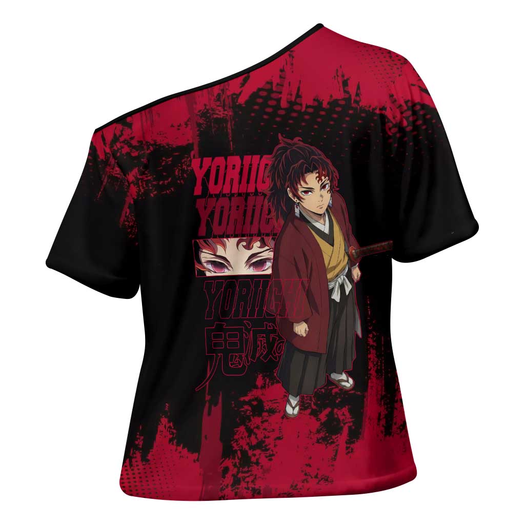Yoriichi Tsugikuni Demon Slayer Red Grunge Design Cross Shoulder Shirt with Intense Eyes and Sword Stance - The Mazicc