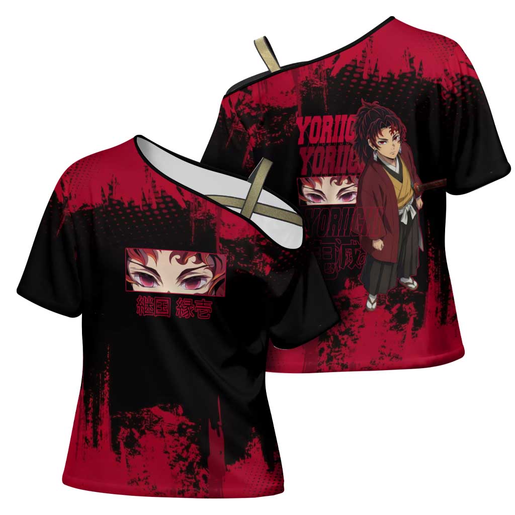 Yoriichi Tsugikuni Demon Slayer Red Grunge Design Cross Shoulder Shirt with Intense Eyes and Sword Stance - The Mazicc