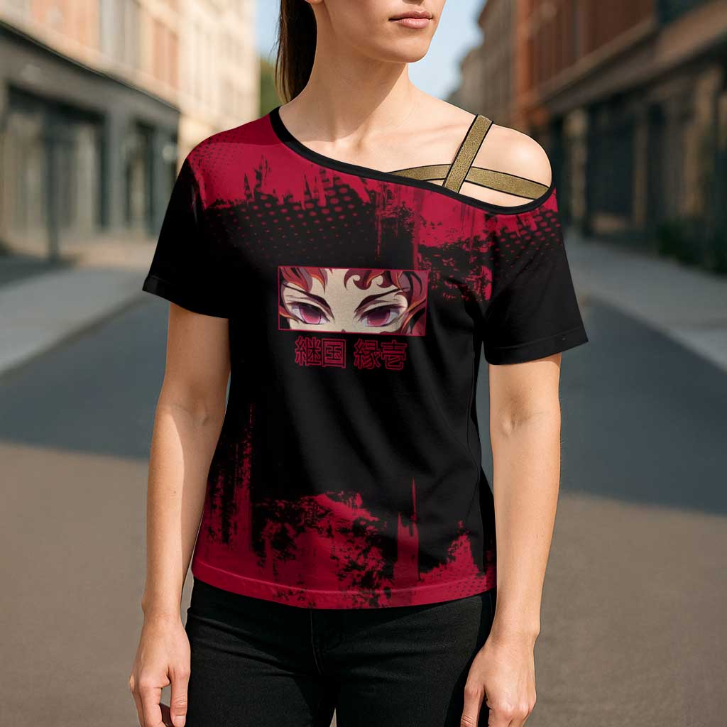 Yoriichi Tsugikuni Demon Slayer Red Grunge Design Cross Shoulder Shirt with Intense Eyes and Sword Stance - The Mazicc