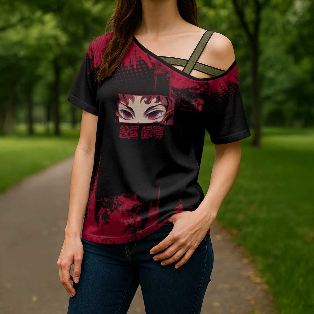 Yoriichi Tsugikuni Demon Slayer Red Grunge Design Cross Shoulder Shirt with Intense Eyes and Sword Stance - The Mazicc