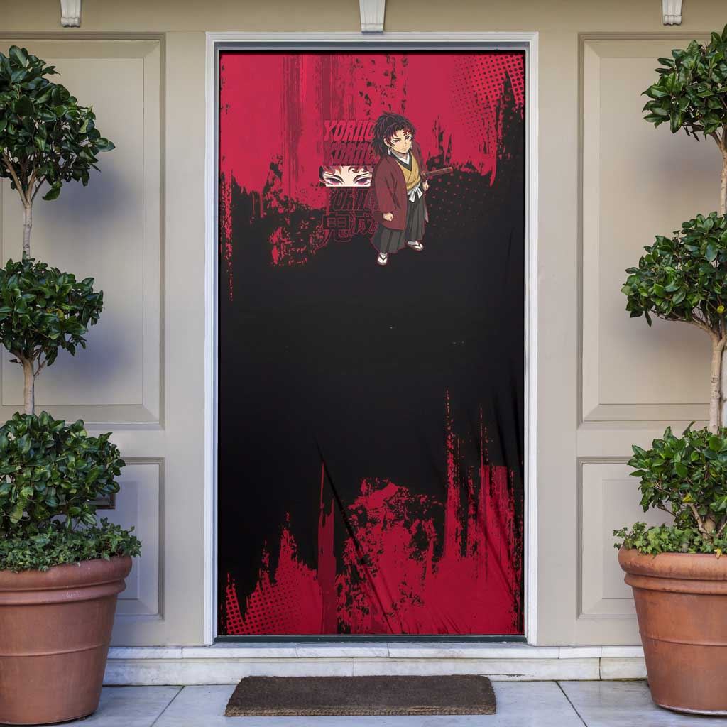 Yoriichi Tsugikuni Demon Slayer Red Grunge Design Door Cover with Intense Eyes and Sword Stance - The Mazicc