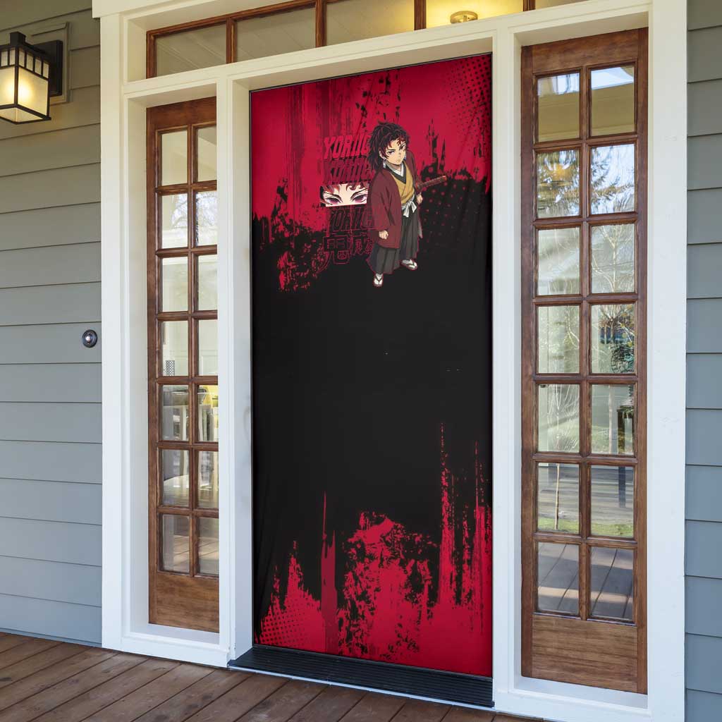 Yoriichi Tsugikuni Demon Slayer Red Grunge Design Door Cover with Intense Eyes and Sword Stance - The Mazicc