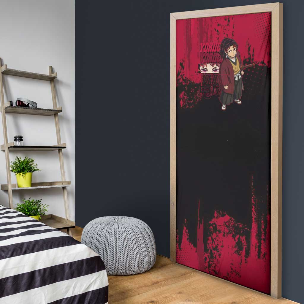 Yoriichi Tsugikuni Demon Slayer Red Grunge Design Door Cover with Intense Eyes and Sword Stance - The Mazicc