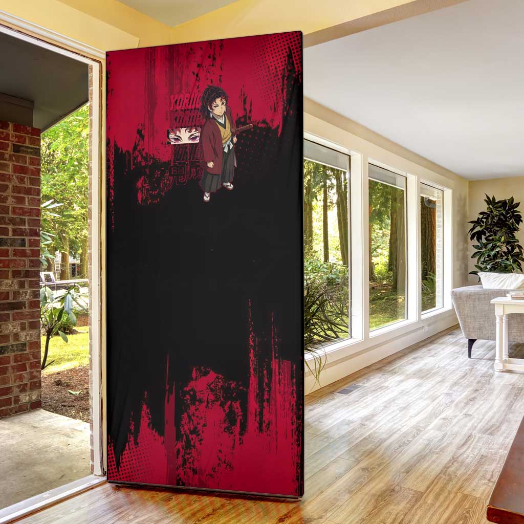 Yoriichi Tsugikuni Demon Slayer Red Grunge Design Door Cover with Intense Eyes and Sword Stance - The Mazicc