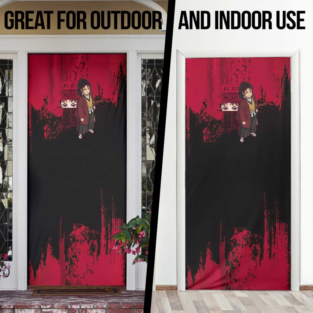 Yoriichi Tsugikuni Demon Slayer Red Grunge Design Door Cover with Intense Eyes and Sword Stance - The Mazicc