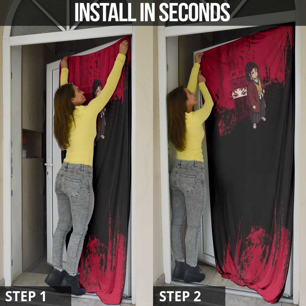 Yoriichi Tsugikuni Demon Slayer Red Grunge Design Door Cover with Intense Eyes and Sword Stance - The Mazicc