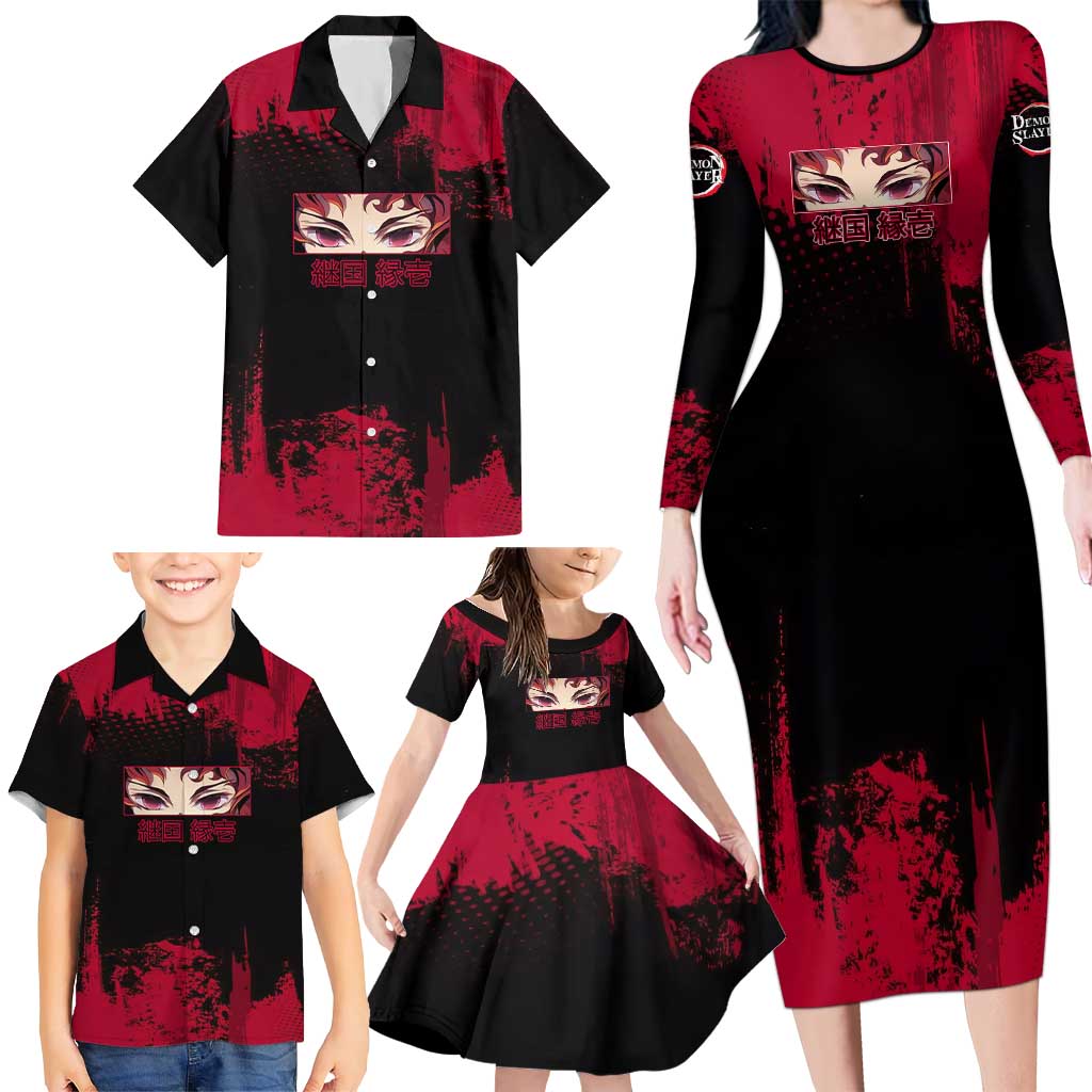 Yoriichi Tsugikuni Demon Slayer Red Grunge Design Family Matching Long Sleeve Bodycon Dress and Hawaiian Shirt with Intense Eyes and Sword Stance
