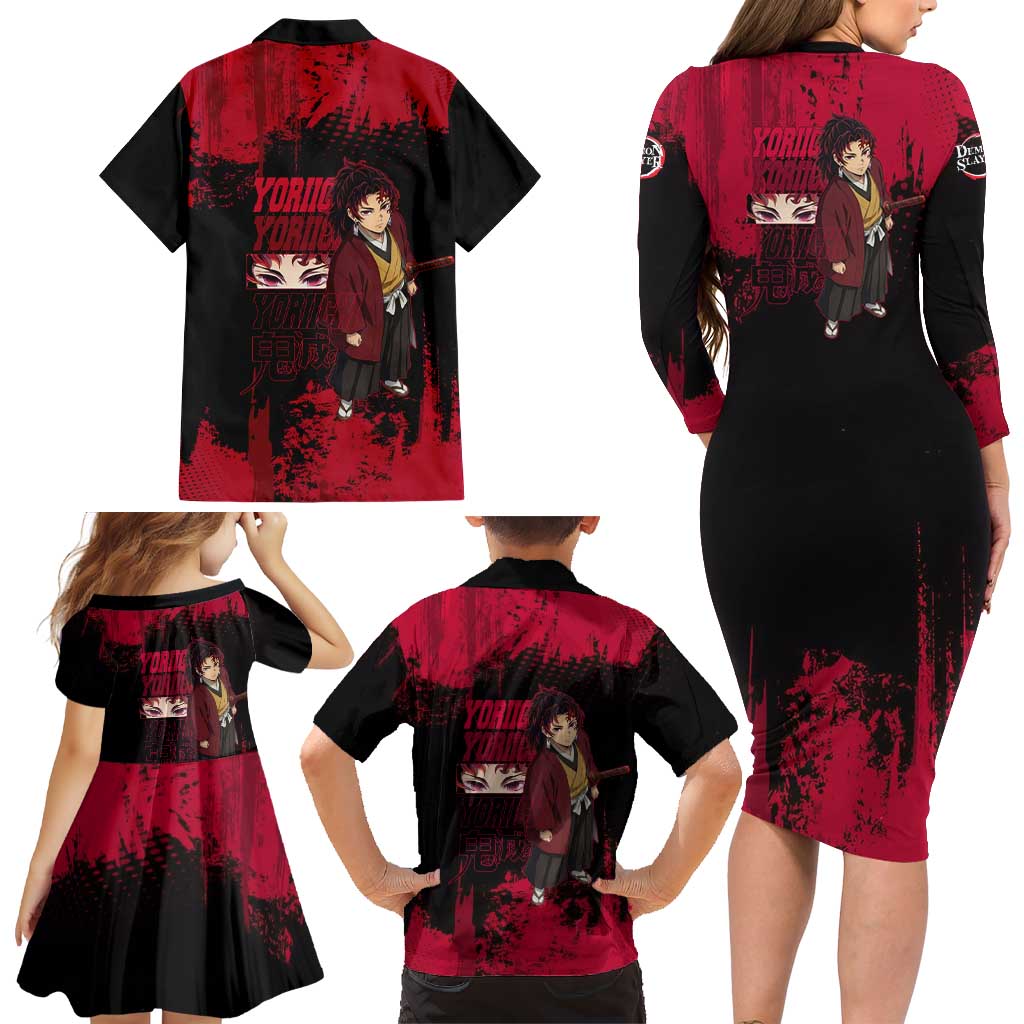 Yoriichi Tsugikuni Demon Slayer Red Grunge Design Family Matching Long Sleeve Bodycon Dress and Hawaiian Shirt with Intense Eyes and Sword Stance