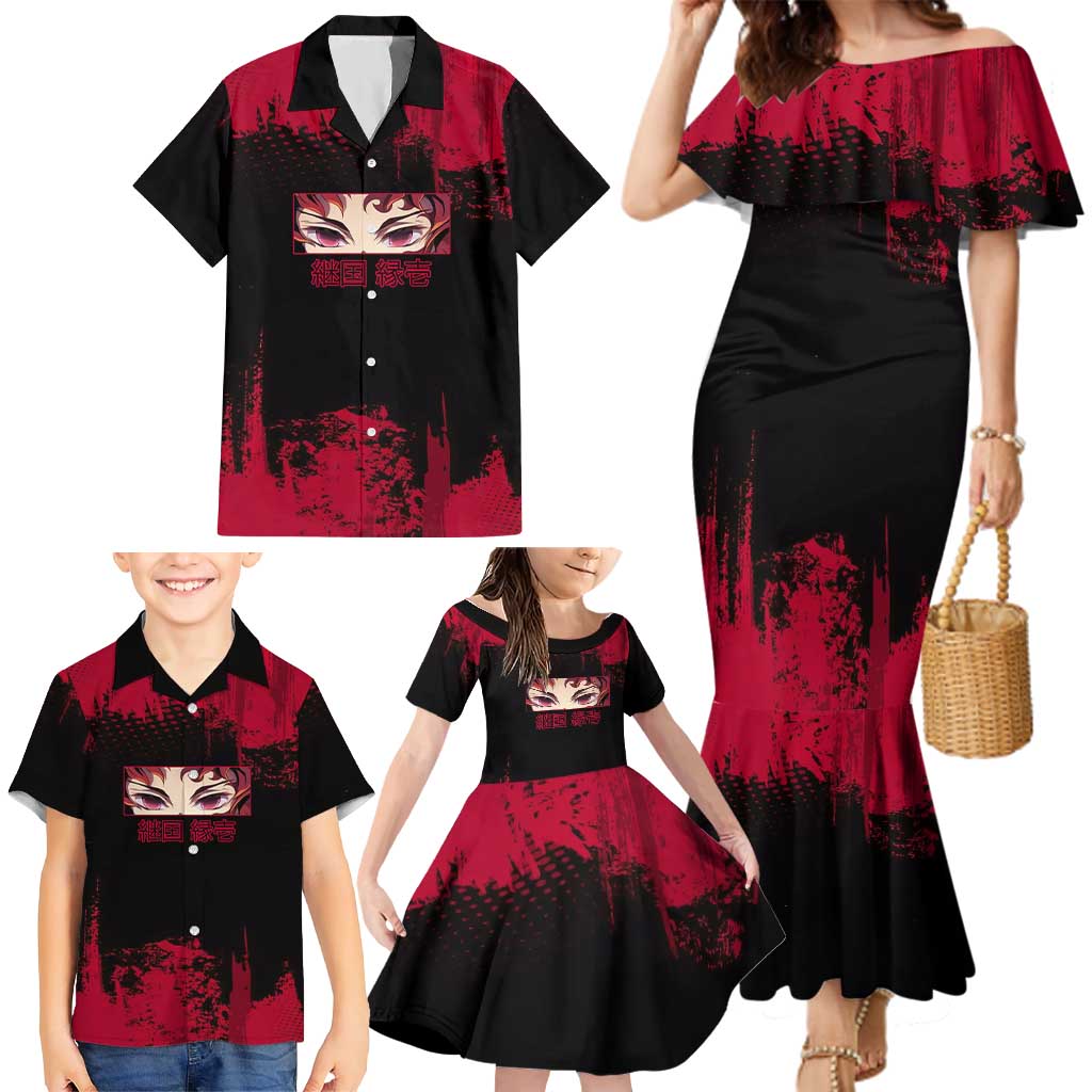 Yoriichi Tsugikuni Demon Slayer Red Grunge Design Family Matching Mermaid Dress and Hawaiian Shirt with Intense Eyes and Sword Stance