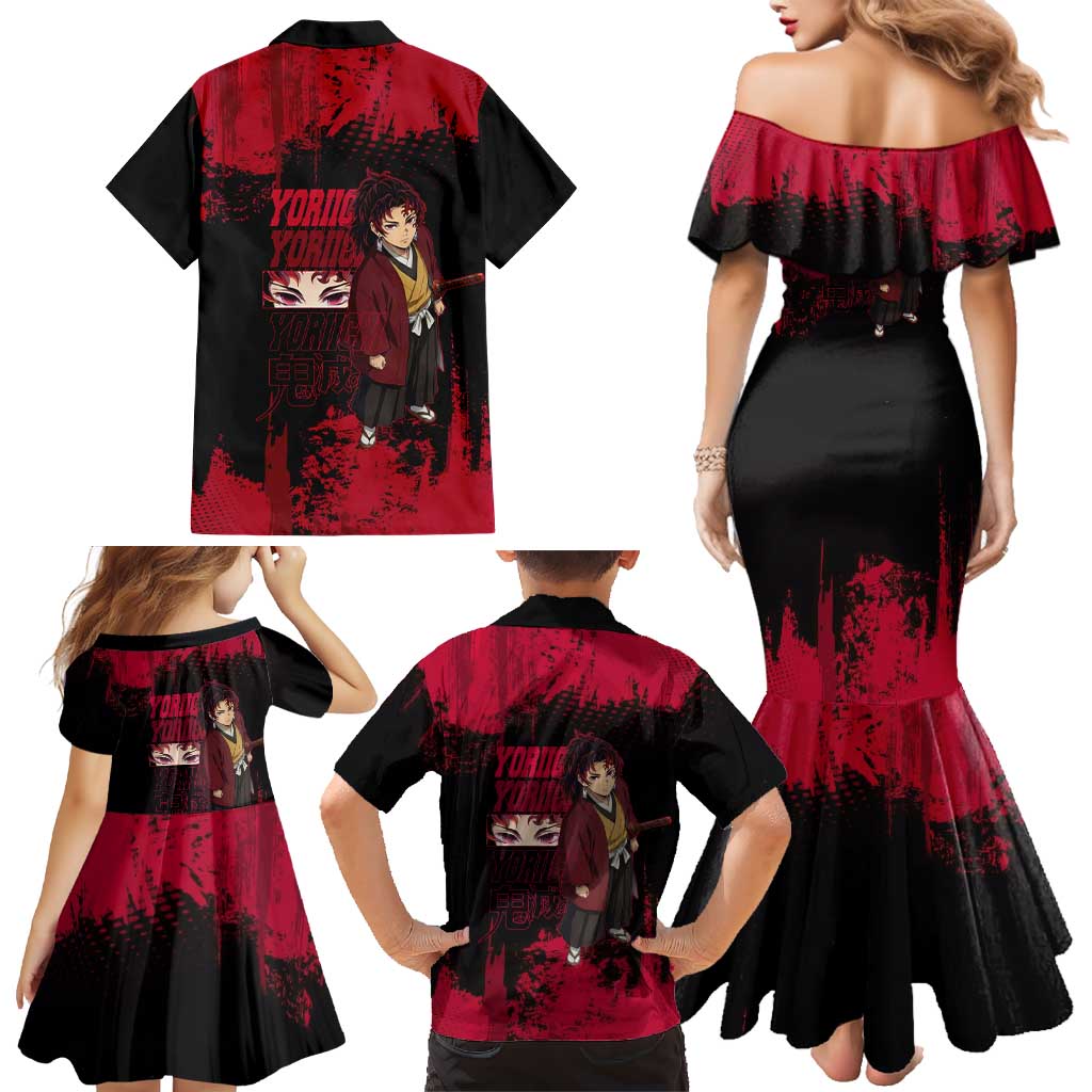 Yoriichi Tsugikuni Demon Slayer Red Grunge Design Family Matching Mermaid Dress and Hawaiian Shirt with Intense Eyes and Sword Stance