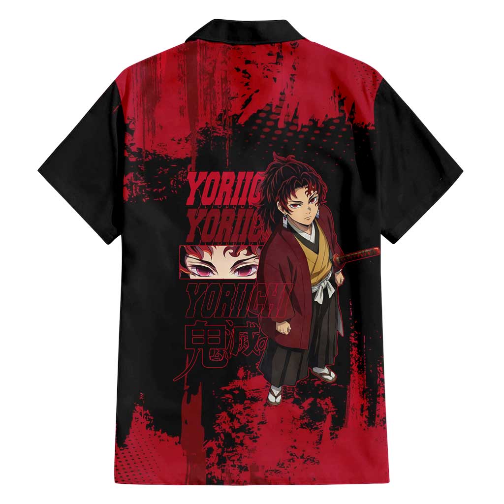 Yoriichi Tsugikuni Demon Slayer Red Grunge Design Family Matching Mermaid Dress and Hawaiian Shirt with Intense Eyes and Sword Stance