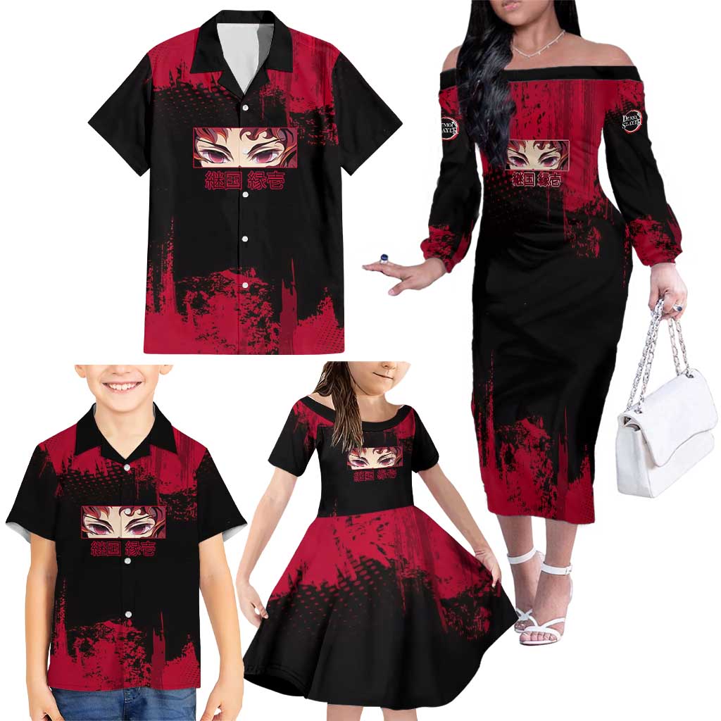Yoriichi Tsugikuni Demon Slayer Red Grunge Design Family Matching Off The Shoulder Long Sleeve Dress and Hawaiian Shirt with Intense Eyes and Sword Stance