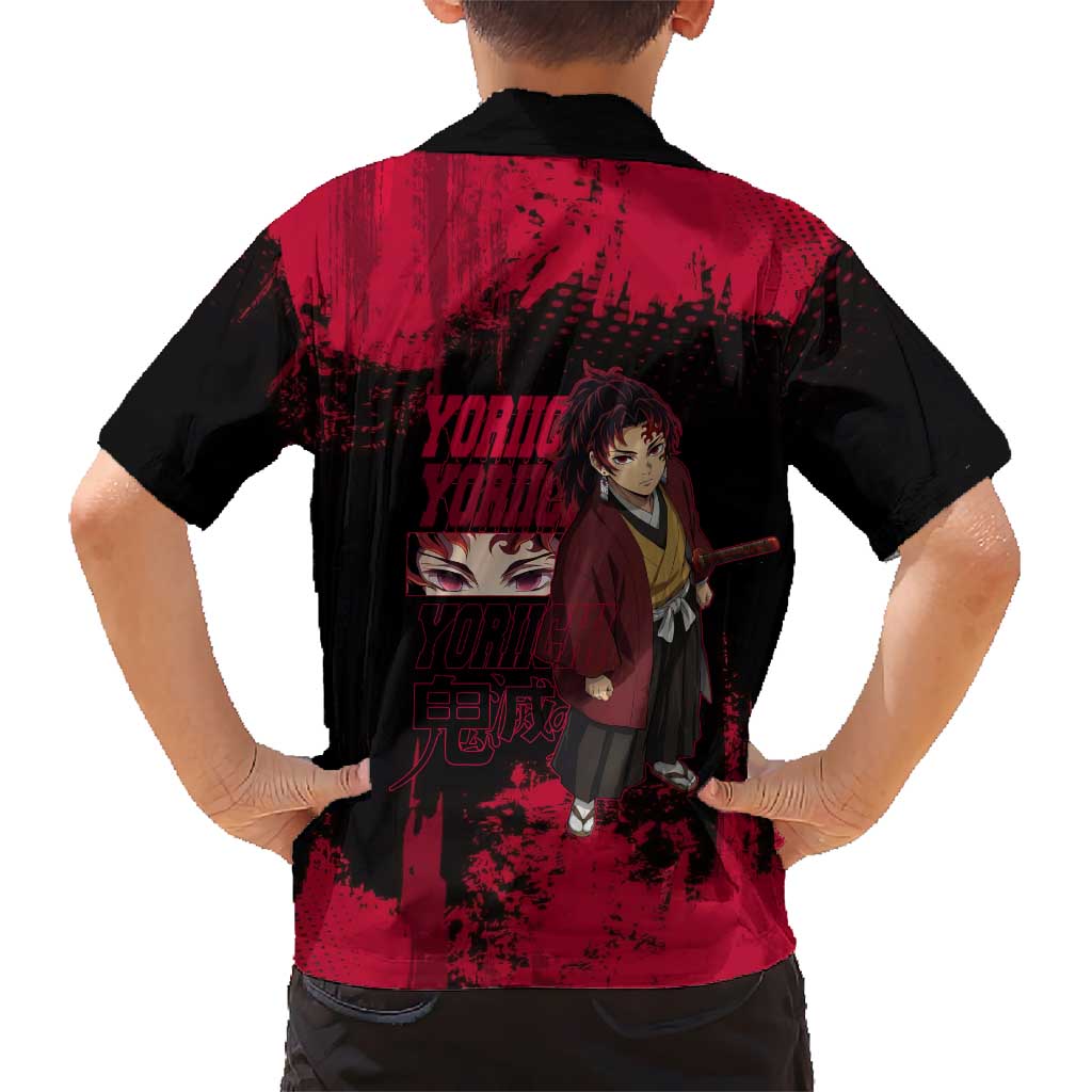 Yoriichi Tsugikuni Demon Slayer Red Grunge Design Family Matching Off The Shoulder Long Sleeve Dress and Hawaiian Shirt with Intense Eyes and Sword Stance