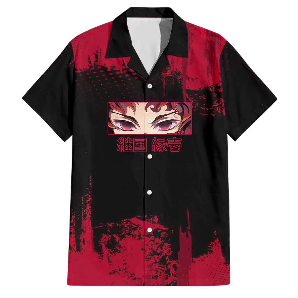 Yoriichi Tsugikuni Demon Slayer Red Grunge Design Family Matching Off The Shoulder Long Sleeve Dress and Hawaiian Shirt with Intense Eyes and Sword Stance
