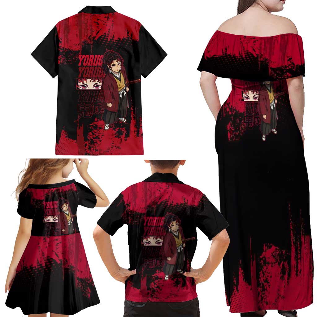 Yoriichi Tsugikuni Demon Slayer Red Grunge Design Family Matching Off Shoulder Maxi Dress and Hawaiian Shirt with Intense Eyes and Sword Stance