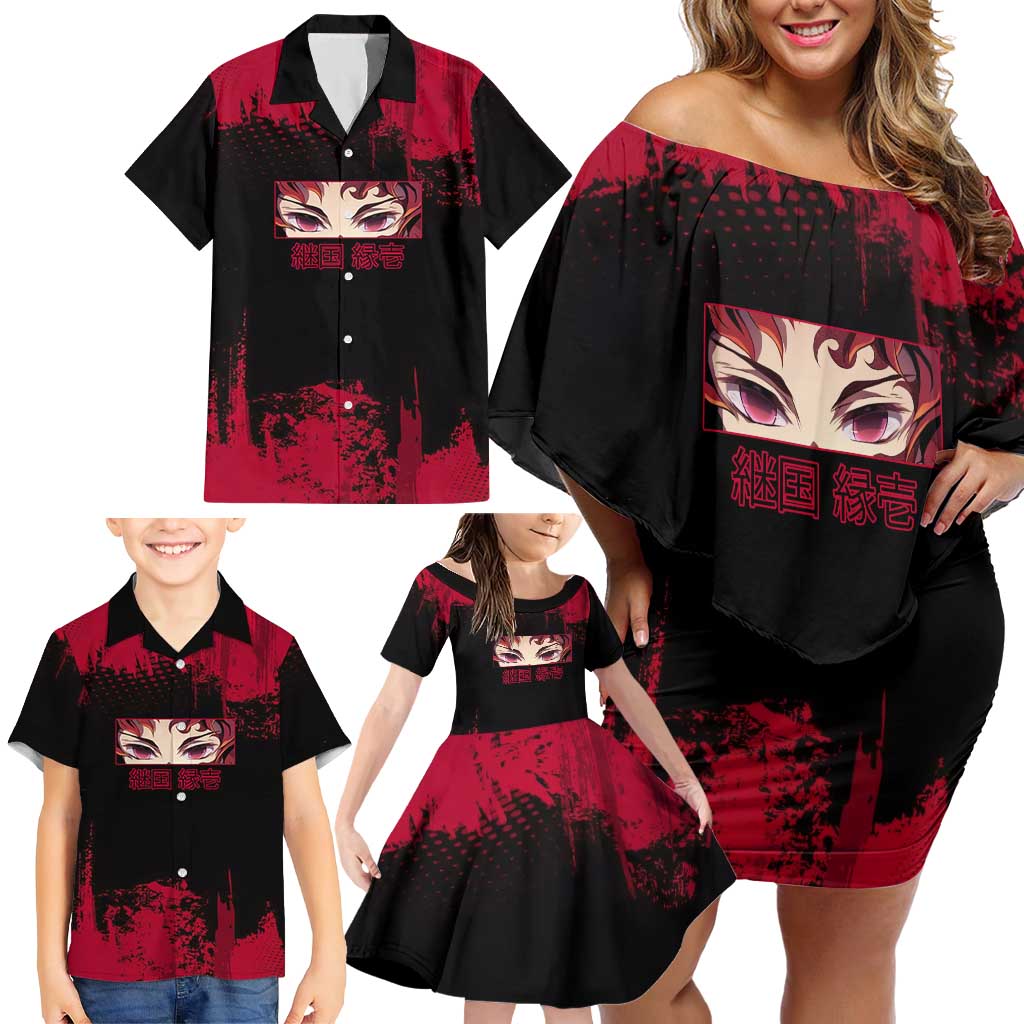 Yoriichi Tsugikuni Demon Slayer Red Grunge Design Family Matching Off Shoulder Short Dress and Hawaiian Shirt with Intense Eyes and Sword Stance