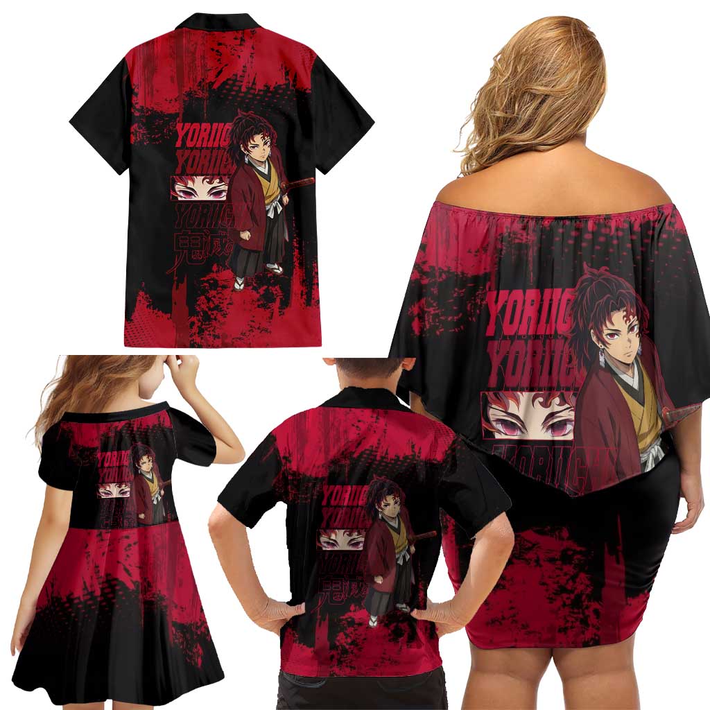 Yoriichi Tsugikuni Demon Slayer Red Grunge Design Family Matching Off Shoulder Short Dress and Hawaiian Shirt with Intense Eyes and Sword Stance