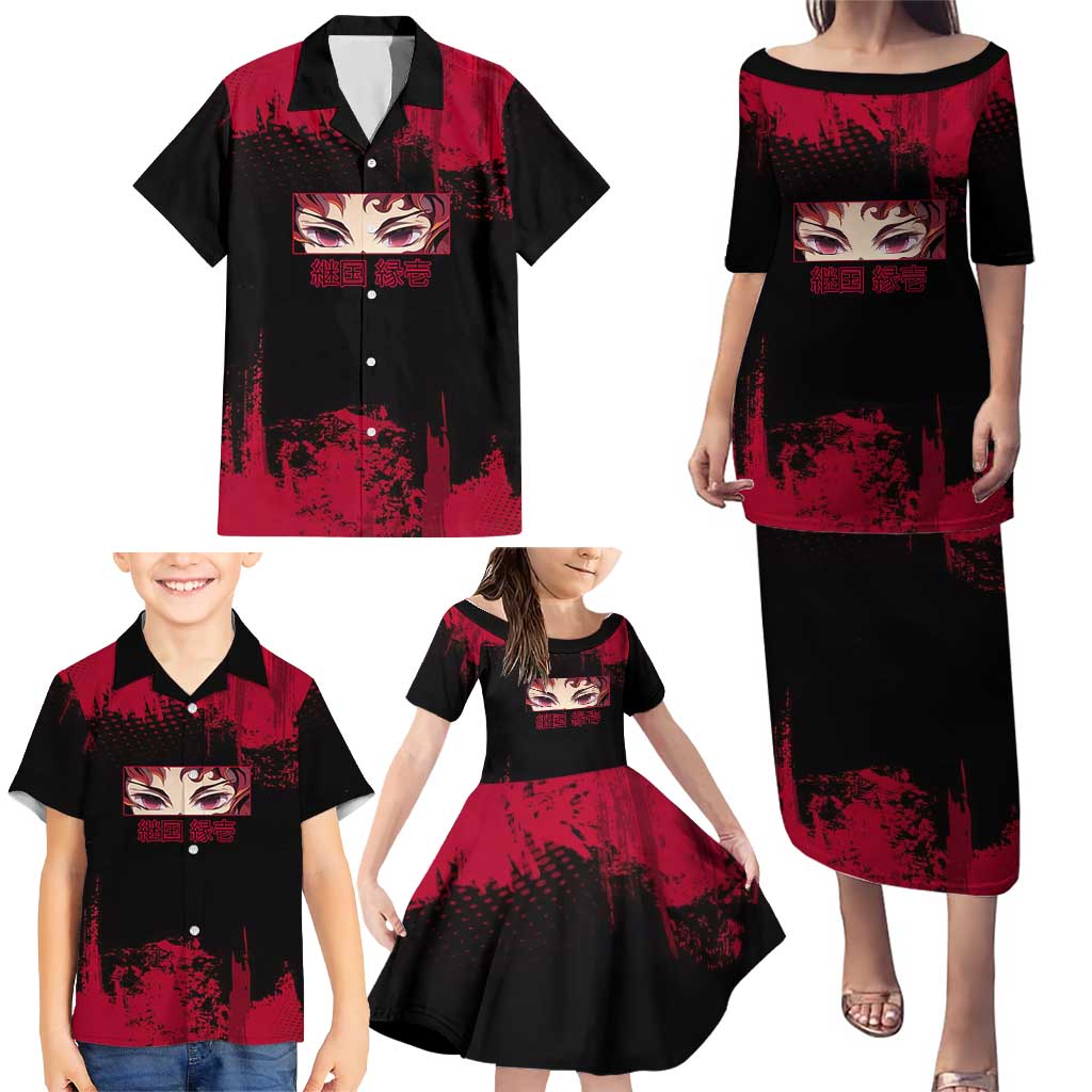 Yoriichi Tsugikuni Demon Slayer Red Grunge Design Family Matching Puletasi and Hawaiian Shirt with Intense Eyes and Sword Stance