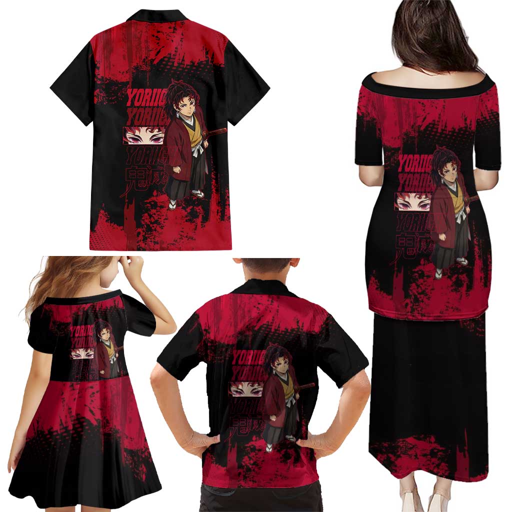 Yoriichi Tsugikuni Demon Slayer Red Grunge Design Family Matching Puletasi and Hawaiian Shirt with Intense Eyes and Sword Stance