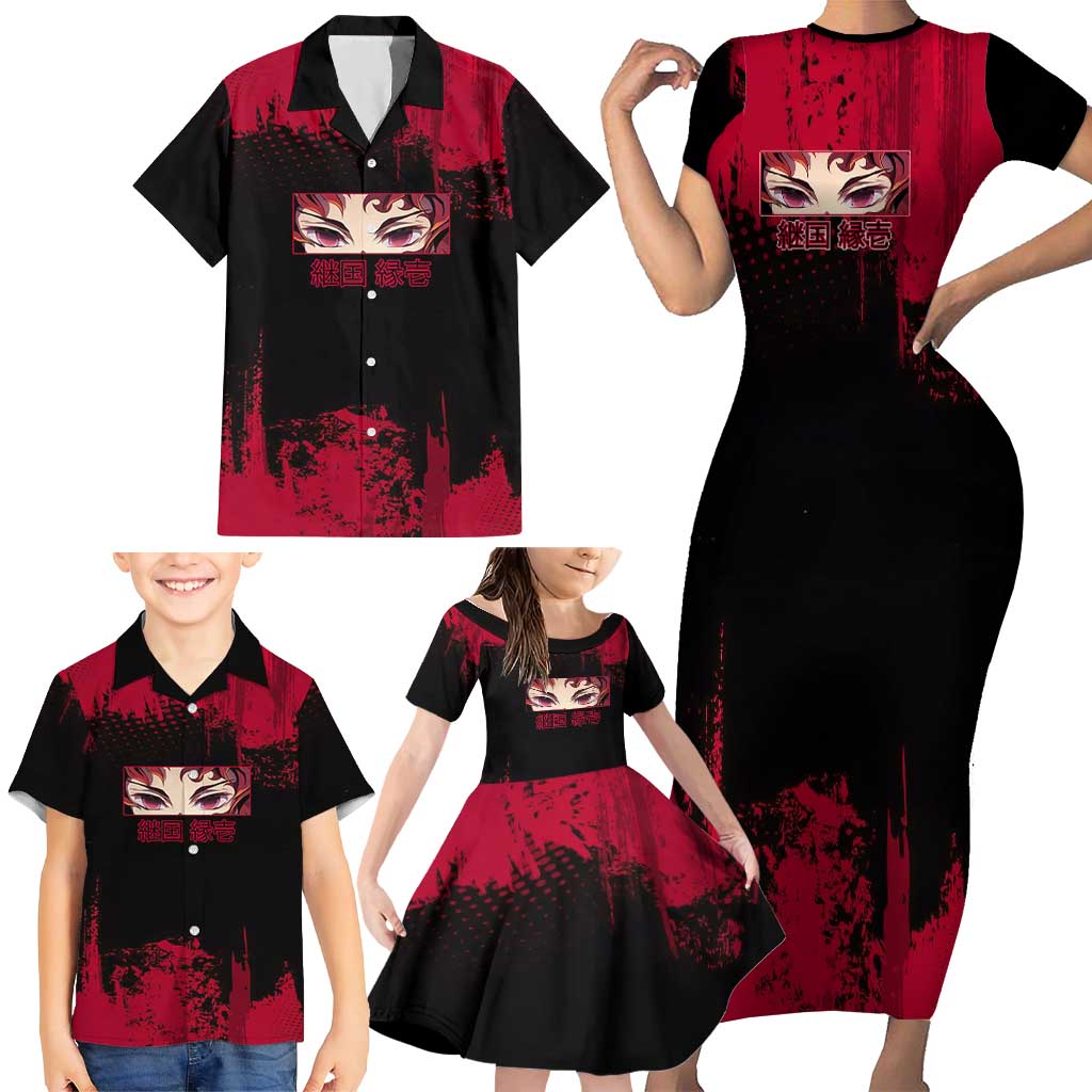Yoriichi Tsugikuni Demon Slayer Red Grunge Design Family Matching Short Sleeve Bodycon Dress and Hawaiian Shirt with Intense Eyes and Sword Stance