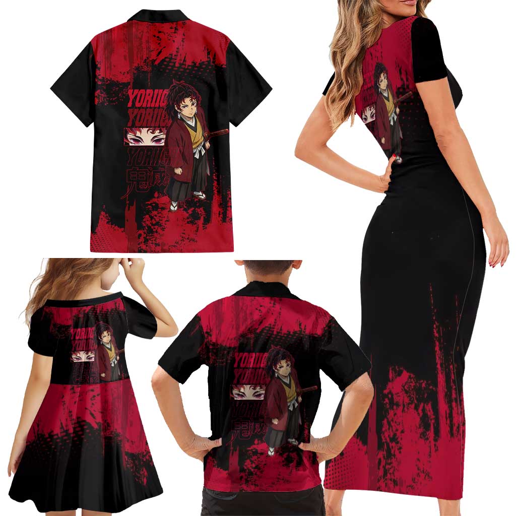 Yoriichi Tsugikuni Demon Slayer Red Grunge Design Family Matching Short Sleeve Bodycon Dress and Hawaiian Shirt with Intense Eyes and Sword Stance