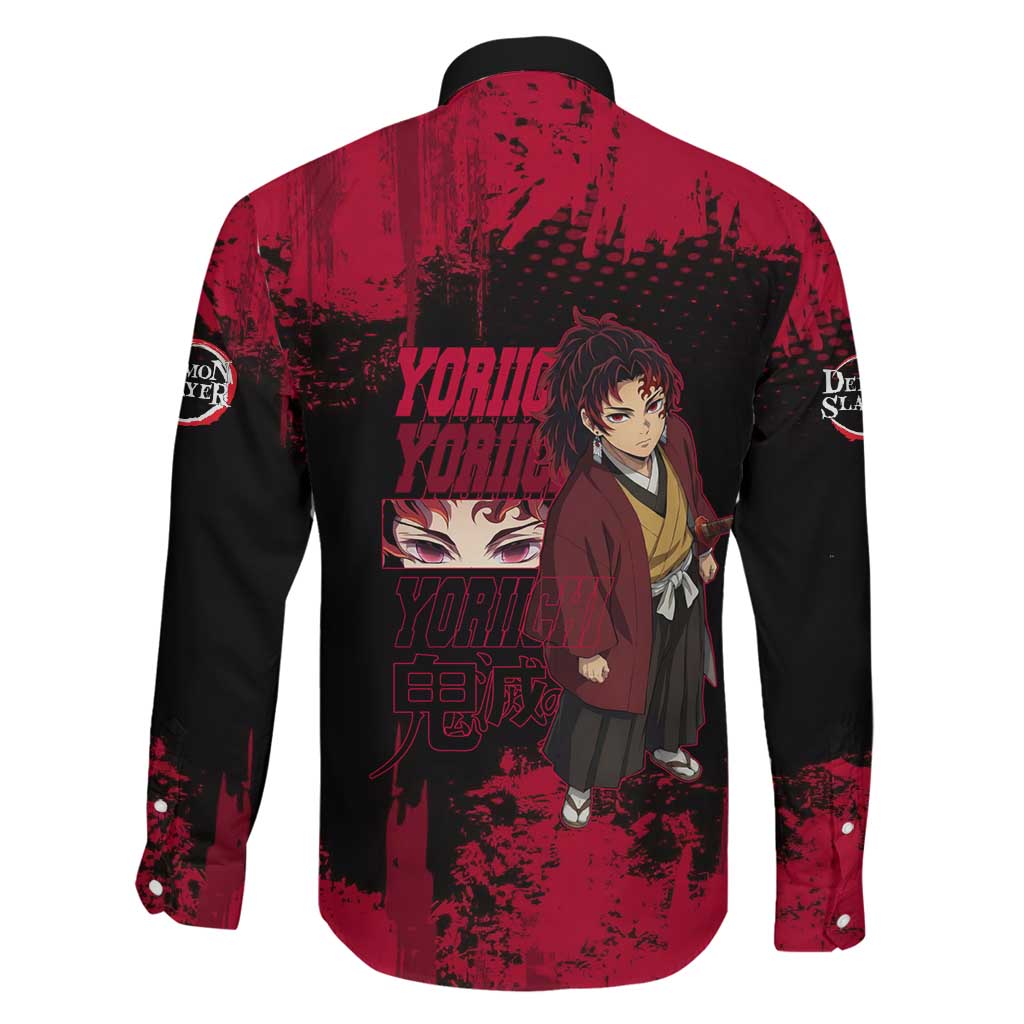 Yoriichi Tsugikuni Demon Slayer Red Grunge Design Family Matching Short Sleeve Bodycon Dress and Hawaiian Shirt with Intense Eyes and Sword Stance