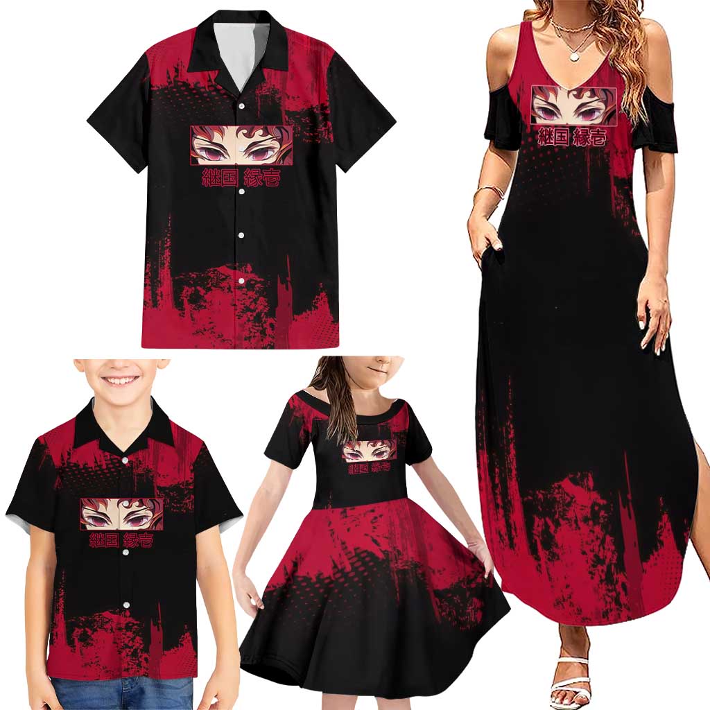 Yoriichi Tsugikuni Demon Slayer Red Grunge Design Family Matching Summer Maxi Dress and Hawaiian Shirt with Intense Eyes and Sword Stance