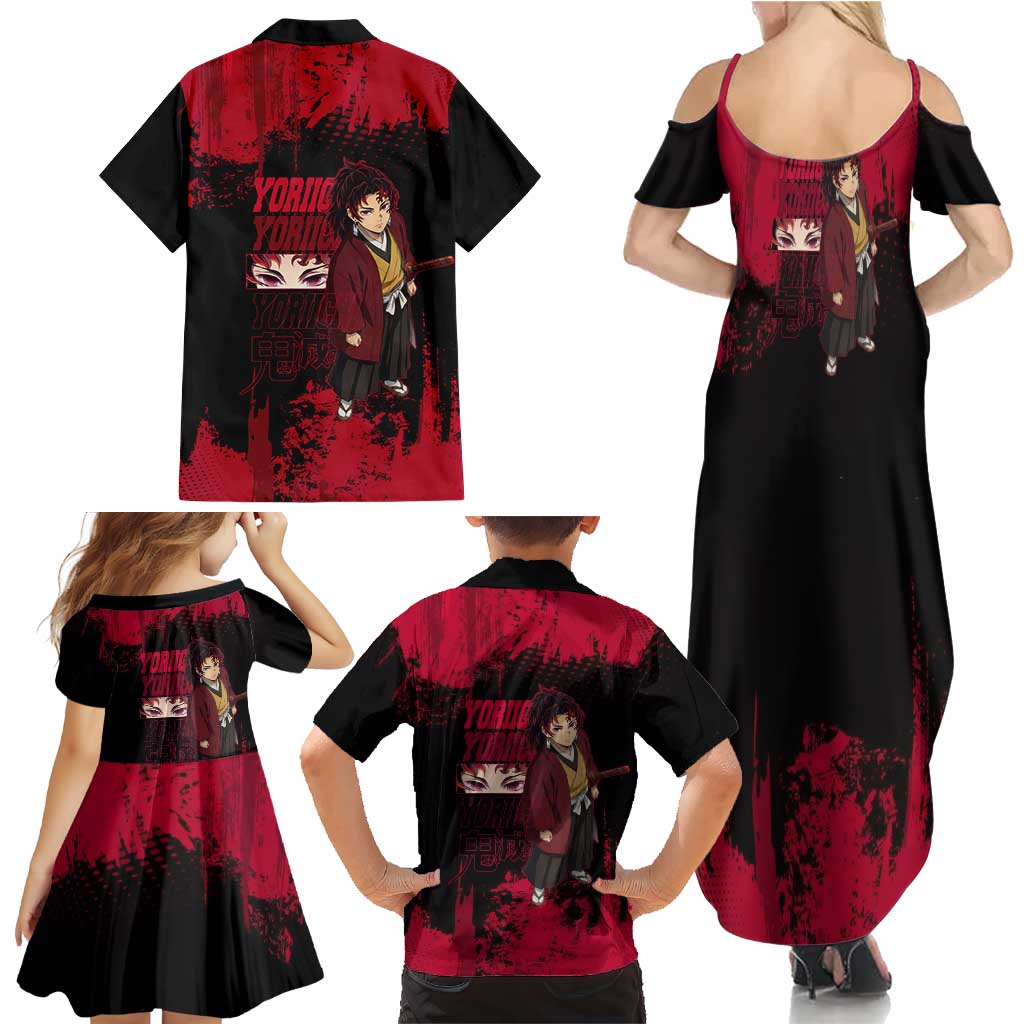 Yoriichi Tsugikuni Demon Slayer Red Grunge Design Family Matching Summer Maxi Dress and Hawaiian Shirt with Intense Eyes and Sword Stance
