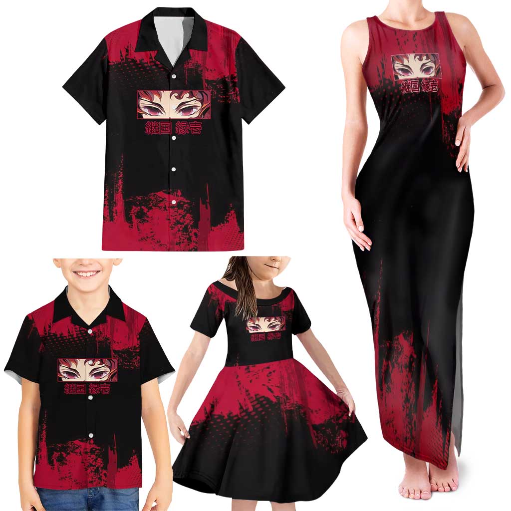 Yoriichi Tsugikuni Demon Slayer Red Grunge Design Family Matching Tank Maxi Dress and Hawaiian Shirt with Intense Eyes and Sword Stance